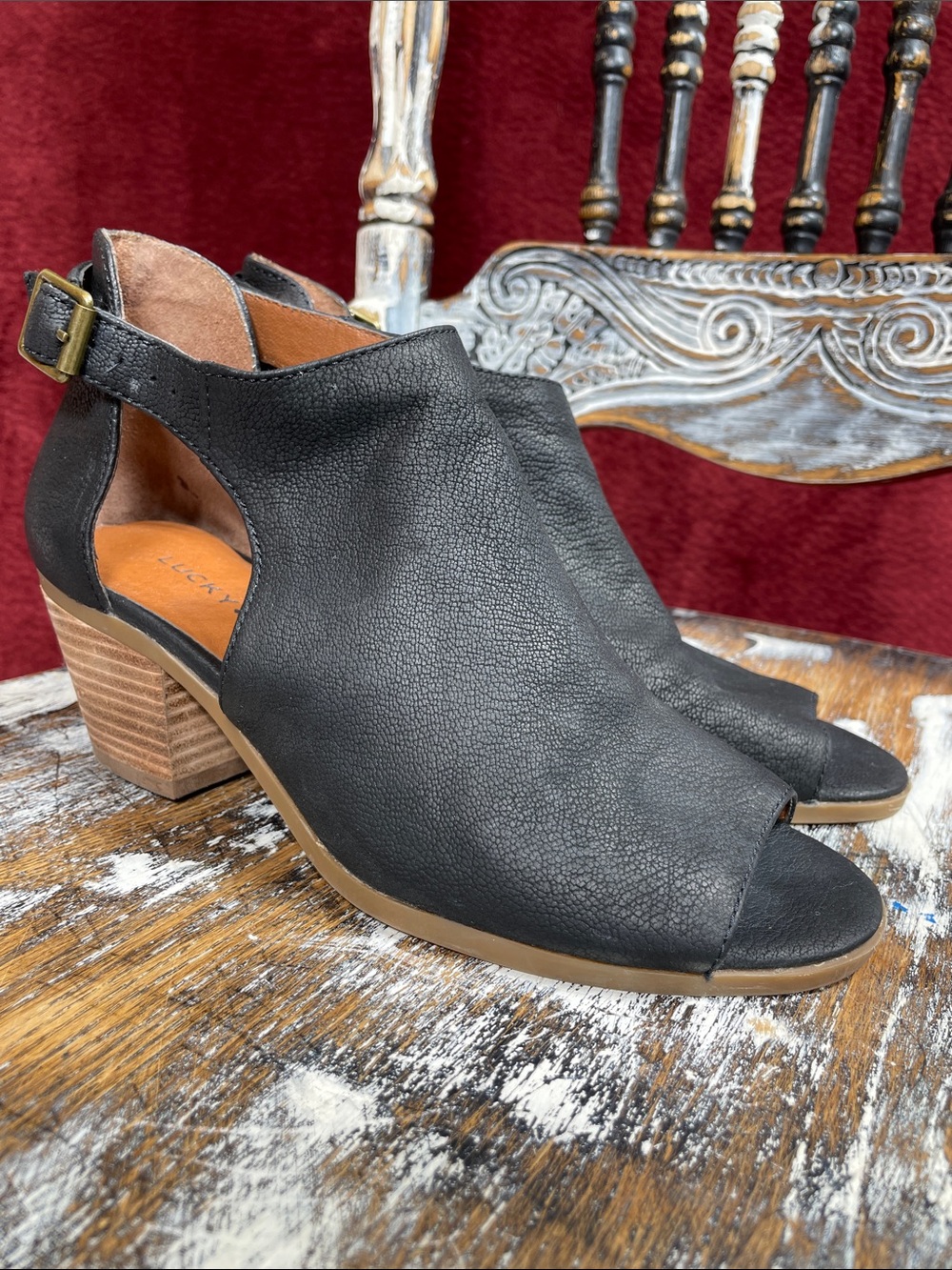 🍀 Lucky Brand Black Leather & Wood Peep-Toe Slingback Block Heels, 6.5